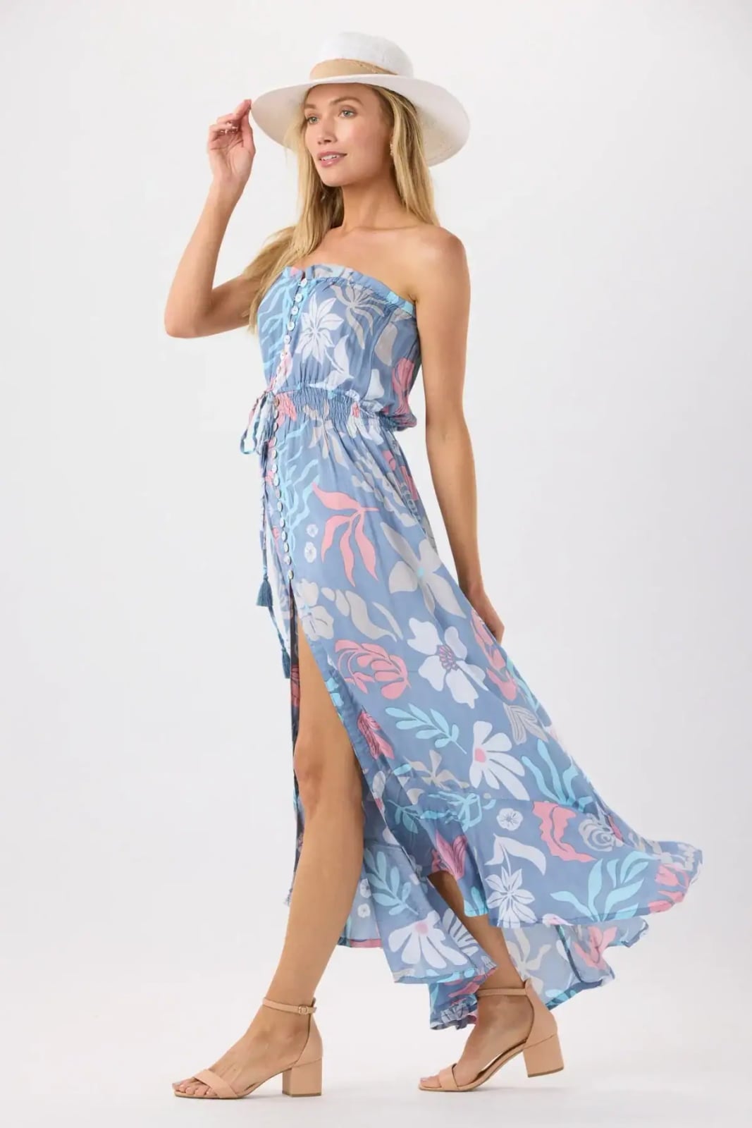 Blue Floral Print Strapless High-Slit Maxi Dress Blue Floral Print Strapless High-Slit Maxi Dress — Pattern Dress Ideas