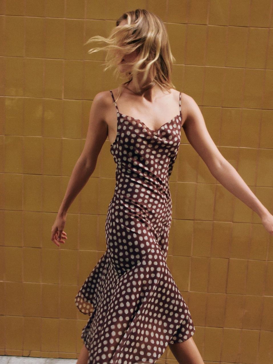 Brown White Polka Dot Cowl Neck Slip Dress Brown White Polka Dot Cowl Neck Slip Dress — Pattern Dress Ideas