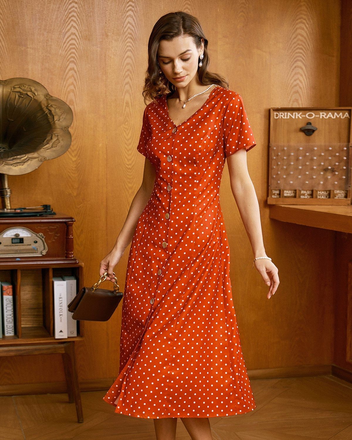Red White Polka Dot Button Front Midi Dress With Brown Low Heel Pumps Red White Polka Dot Button Front Midi Dress With Brown Low Heel Pumps — Pattern Dress Ideas