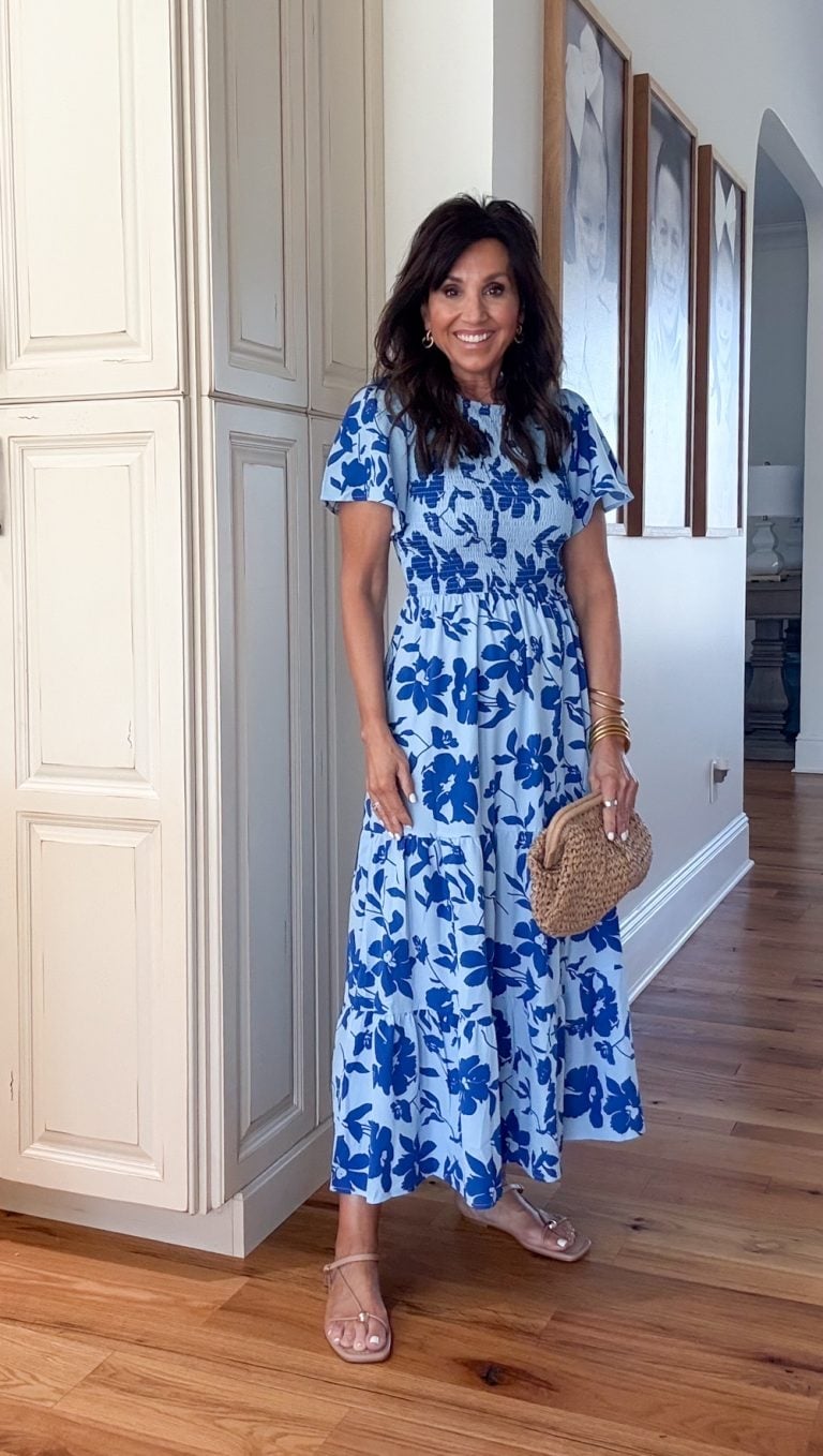 Blue Navy Floral Print Tiered Midi Dress Blue Navy Floral Print Tiered Midi Dress — Pattern Dress Ideas