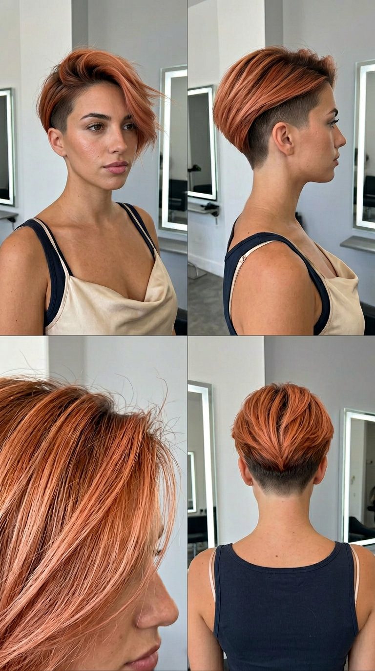 long textured haircut in peach fuzz copper with natural undercut, deep layers and textured fringe — edgy festival