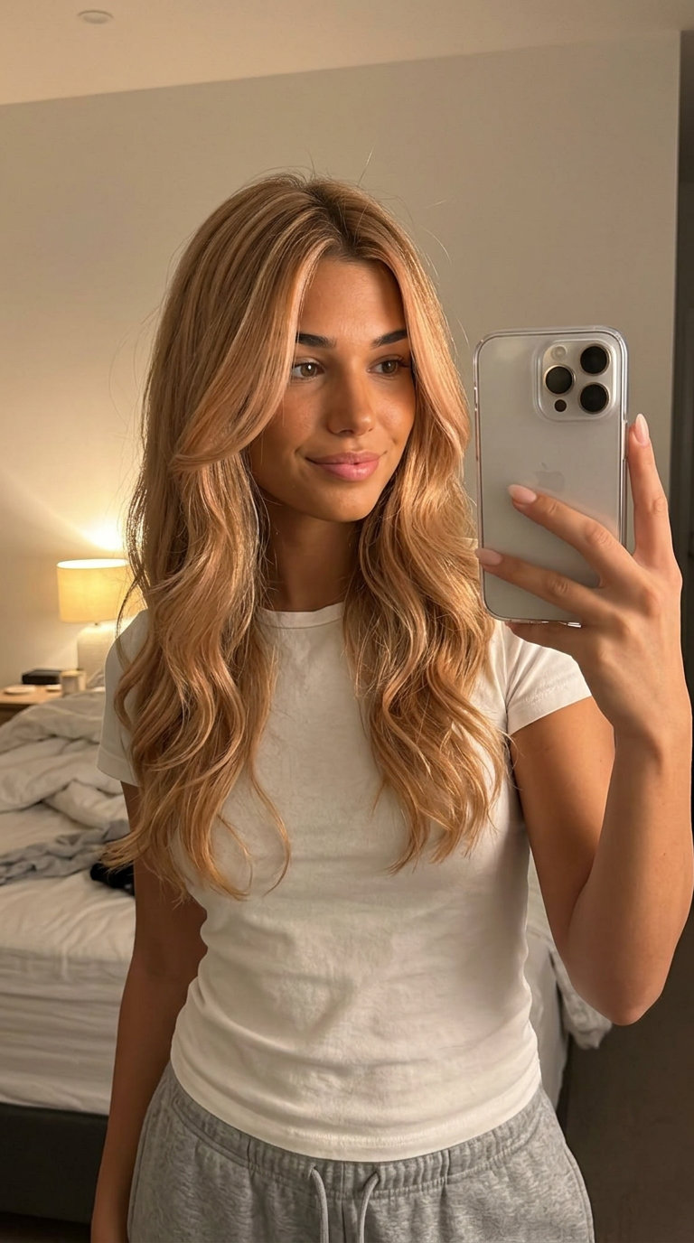 Peach Fuzz Summer Layers 2026 medium-long layered haircut with warm blonde peach fuzz highlights, curve cut layers — romantic playful