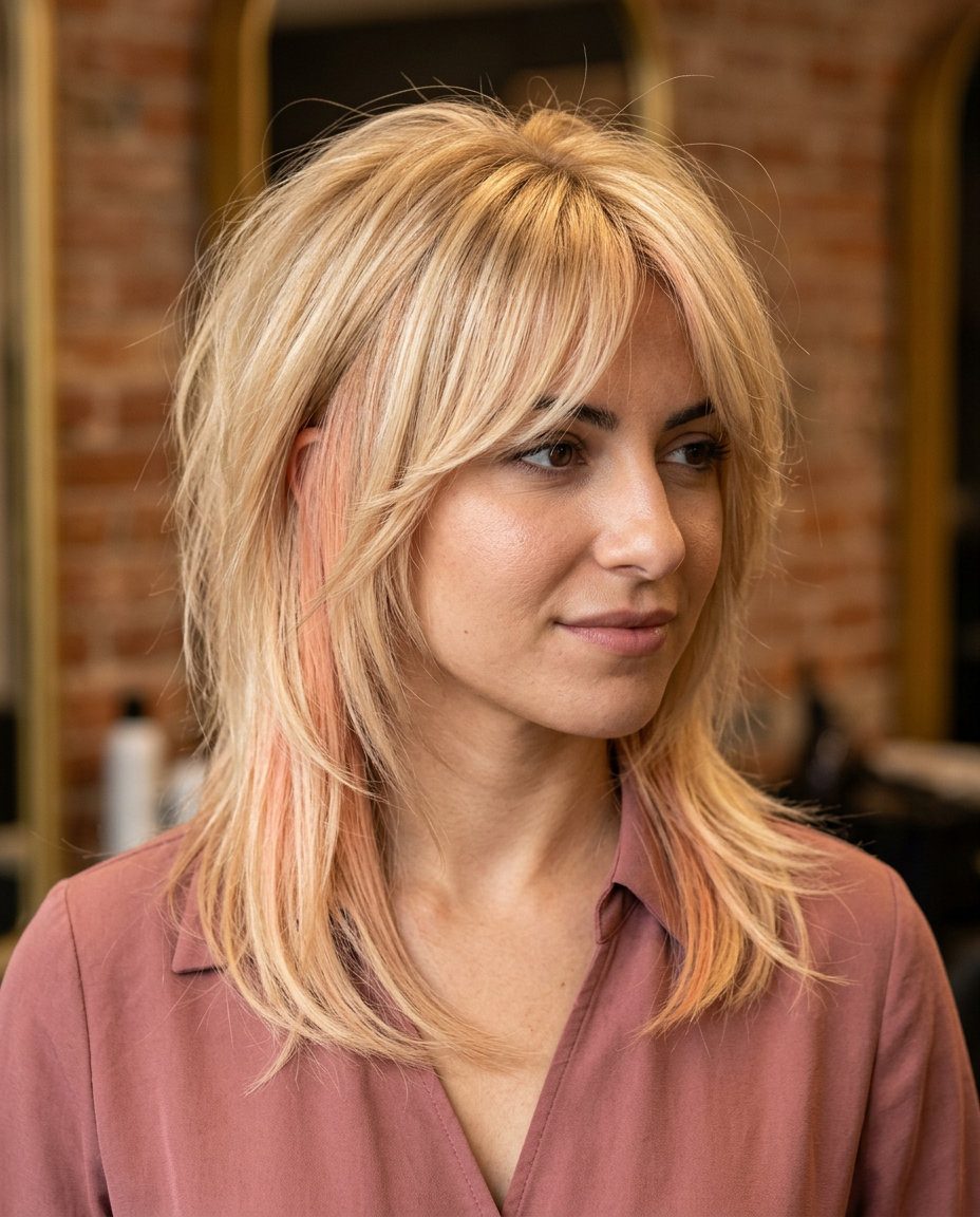 medium peach fuzz peek-a-boo wolf cut with vanilla blonde base, textured layers, swept bangs — whimsical style