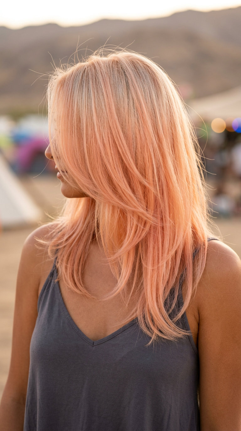 long peach fuzz balayage with pastel orange-pink tones and layered cut for music festivals
