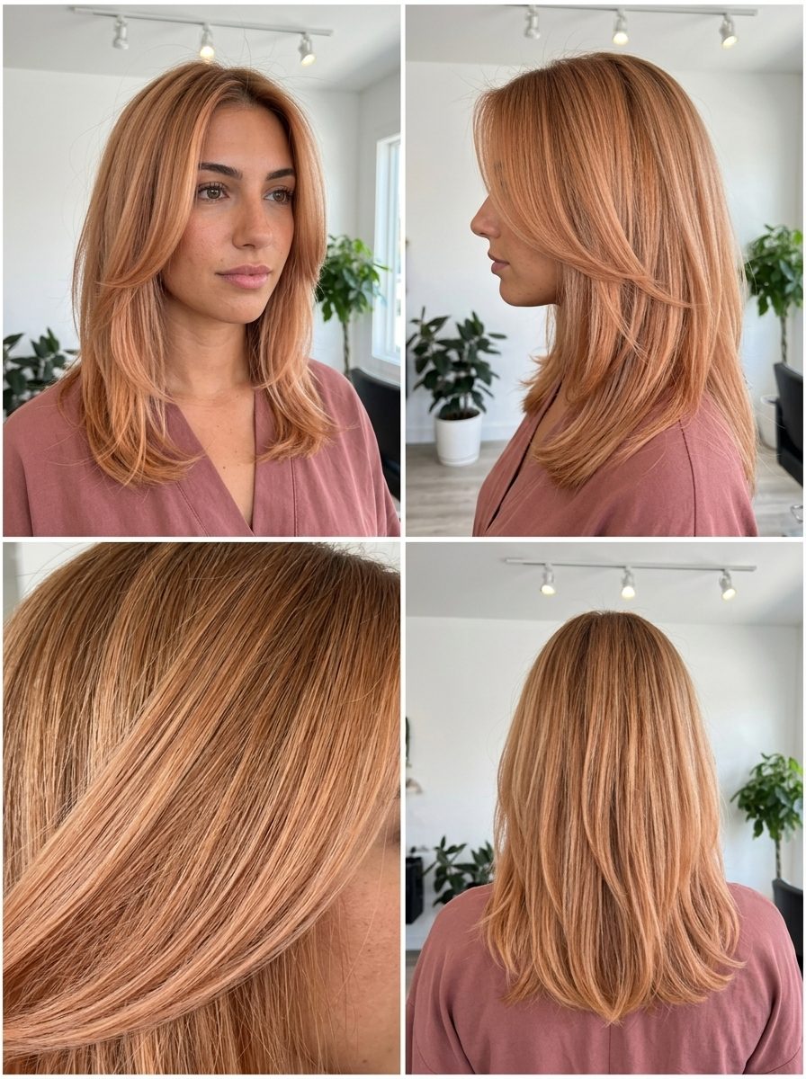 long strawberry blonde hair color with peach root shadow, golden brown root to peachy ends — effortless natural style