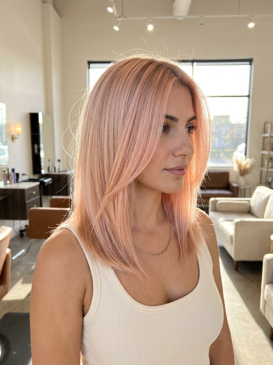 Glazed Peach Blonde Hair 2026 medium-length glazed peach blonde with sheer pastel tones, soft root — romantic summer party