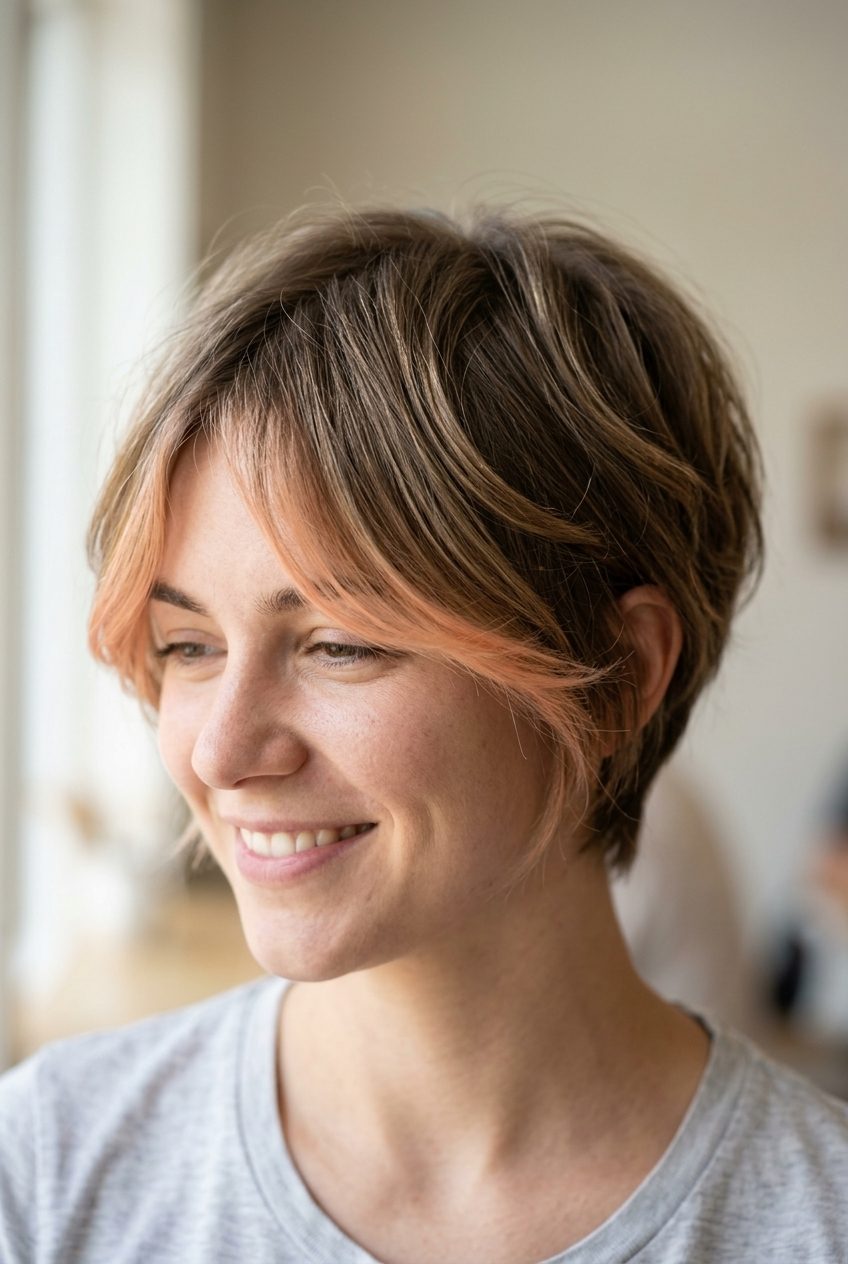 Soft Peach Pixie Haircut 2026 very short layered pixie haircut with soft peach accents, gentle layering, short fringe — playful weekend brunch