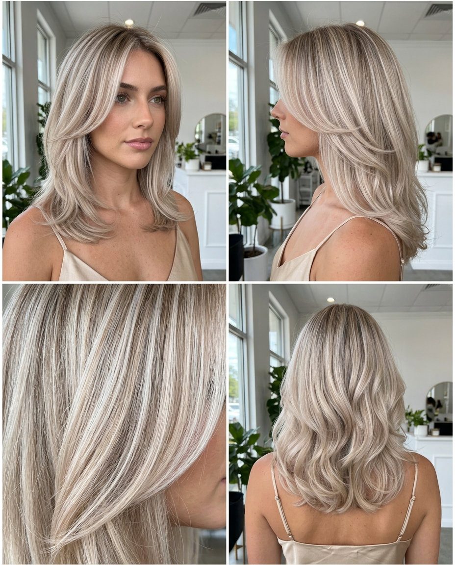 medium layered butterfly haircut in iridescent pearl blonde, cool vanilla root smudge — luminous elegant