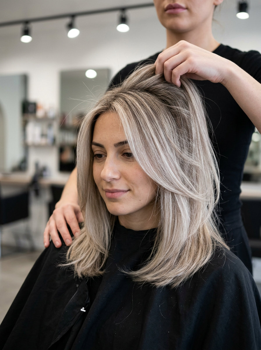 Pearlescent Creamy Ash Blonde Highlights 2026 long ash blonde highlights with creamy beige, soft natural root, no bangs — elegant professional event
