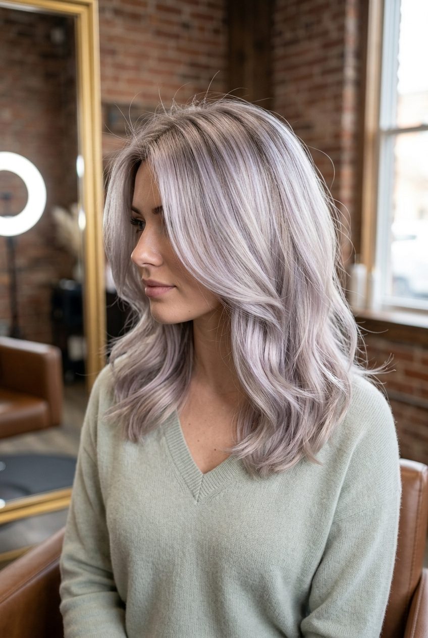 Luminous Oyster Shell Ash Blonde All-Over long ash blonde hair color with pearlescent oyster shell ash blonde, double process, no fringe — luminous
