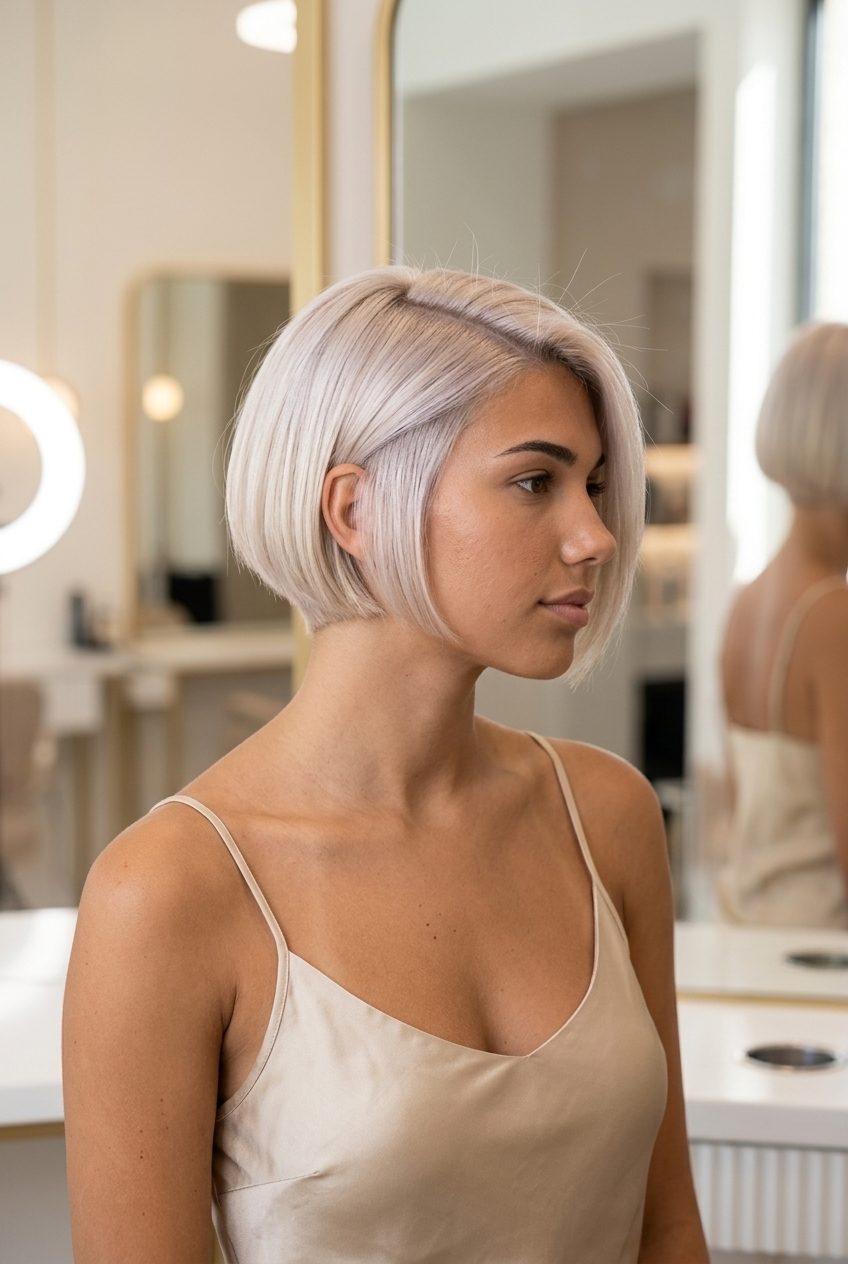 Pearly Platinum Bixie Haircut 2026 short blunt bixie haircut with pearly platinum iridescent grey toner, light root shadow, sharp side part — luxe ethereal style