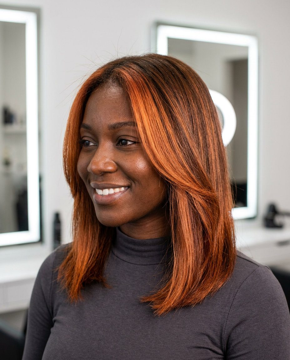 long layered penny-copper face-frame balayage with warm brunette, bold money piece technique — edgy everyday pop
