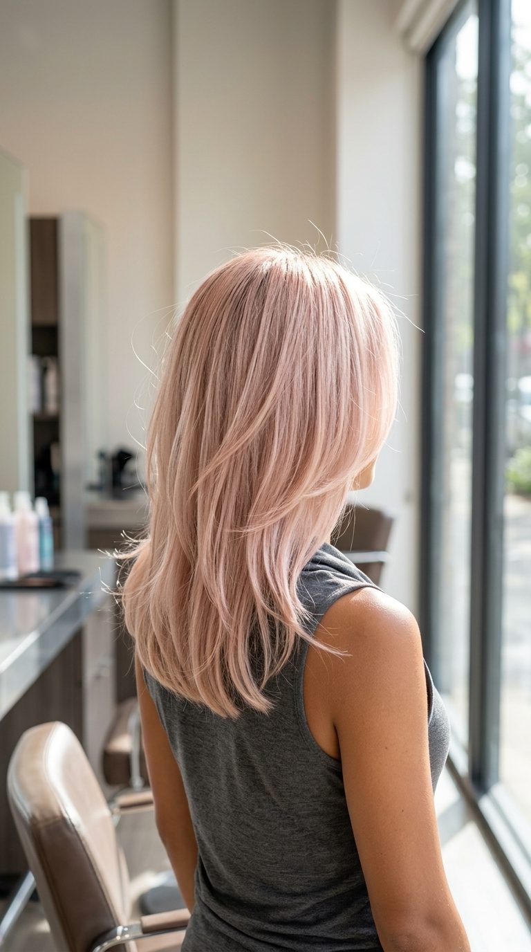 long pink champagne strawberry blonde hair, tonal glaze technique, no fringe — romantic ethereal style