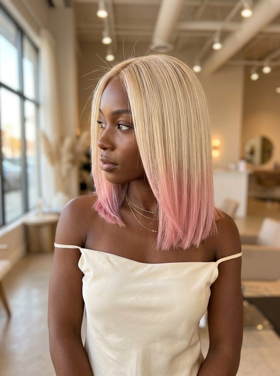 short pink champagne strawberry blonde dip-dye, blunt ends technique, no fringe — playful edgy style