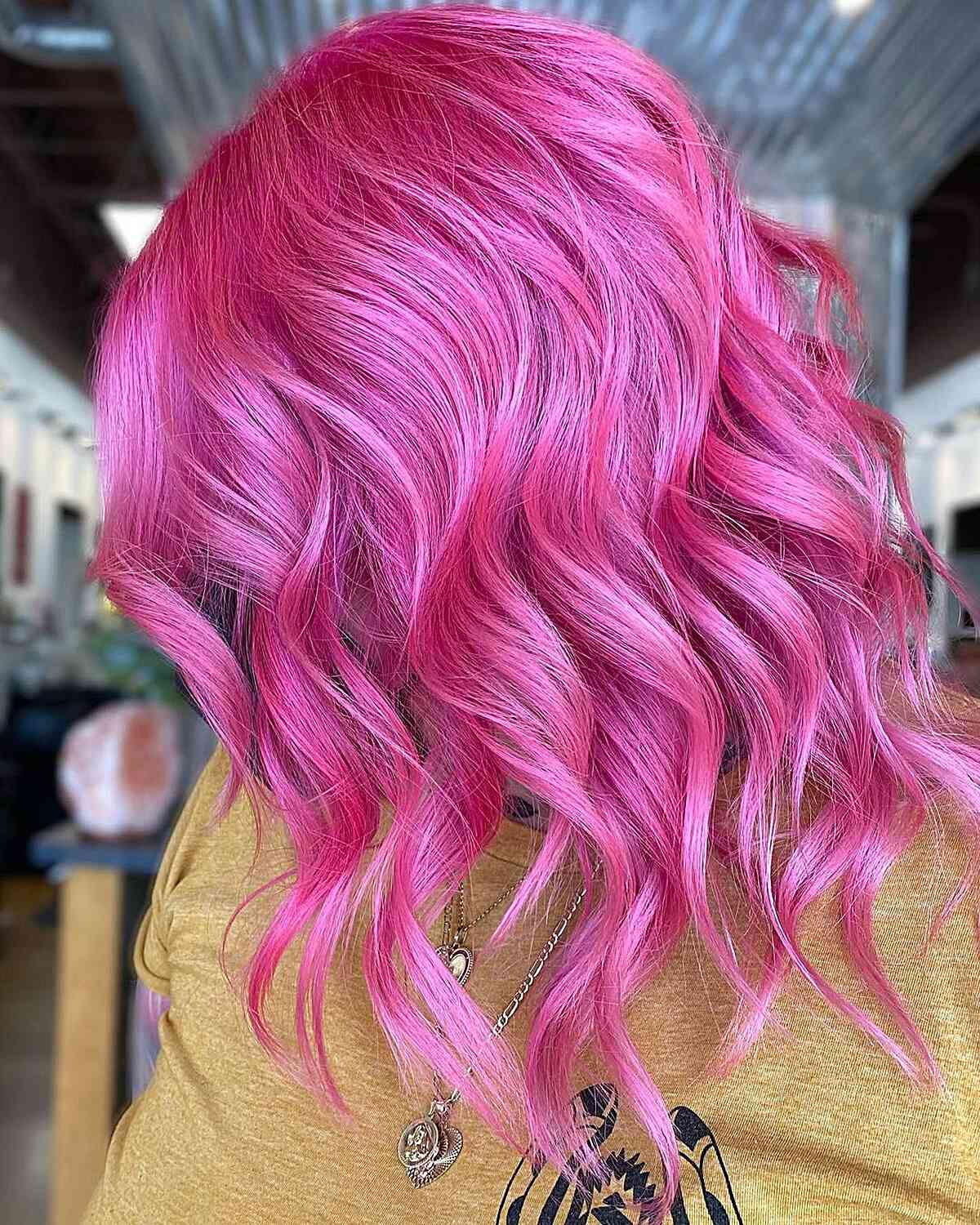 Collarbone Bright Pink Lob With Loose Waves Collarbone Bright Pink Lob With Loose Waves — Pink Hair Dye Inspiration