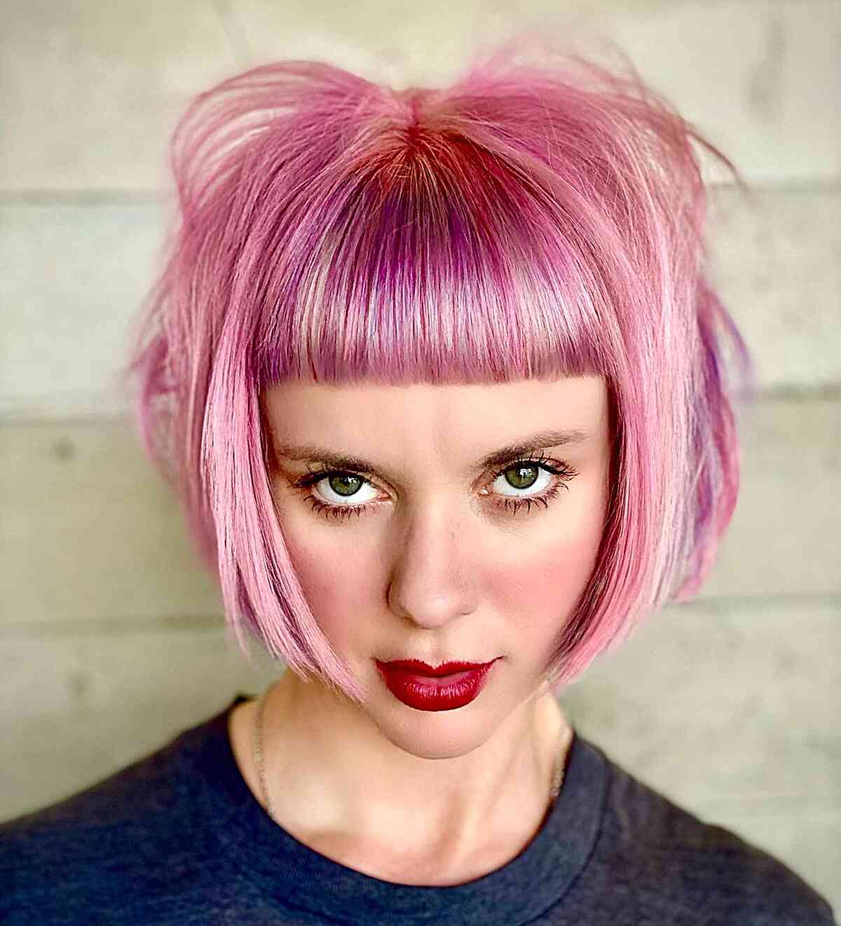 Chin Length Pink Bob With Blunt Bangs Chin Length Pink Bob With Blunt Bangs — Pink Hair Dye Inspiration