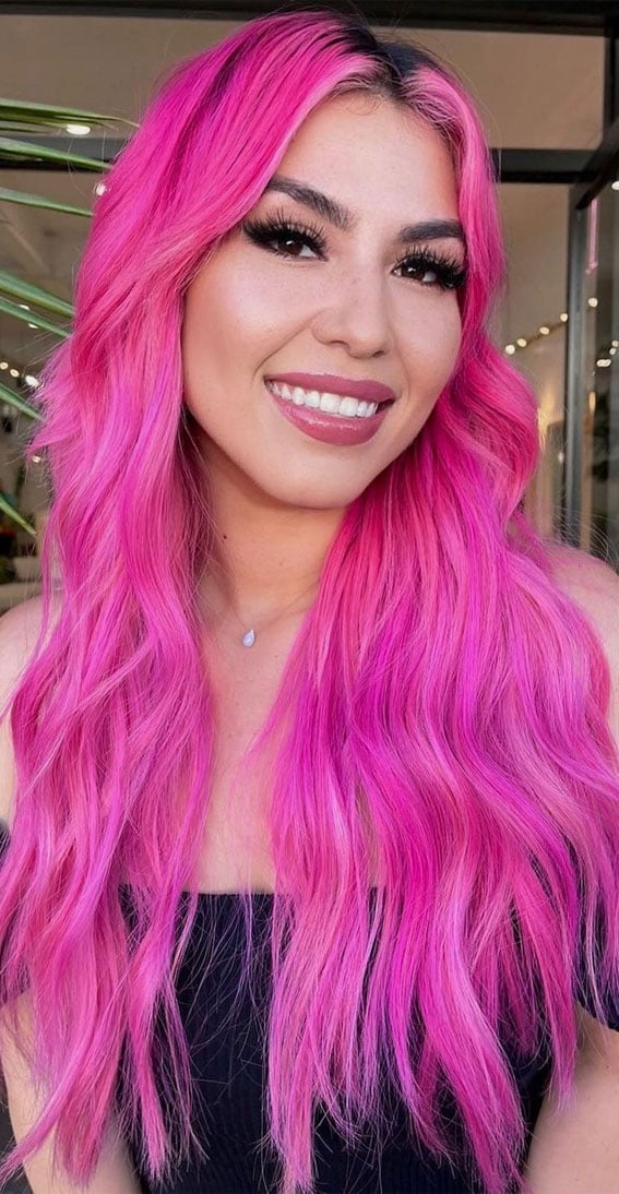 Mid-Back Fuchsia Pink With Darker Roots Mid-Back Fuchsia Pink With Darker Roots — Pink Hair Dye Inspiration