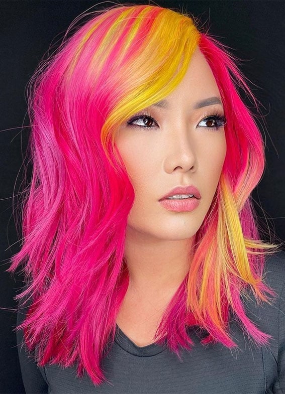Collarbone Pink And Yellow Streaks Collarbone Pink And Yellow Streaks — Pink Hair Dye Inspiration
