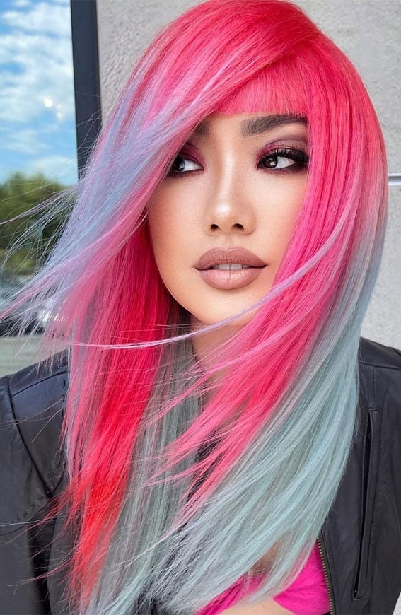 Collarbone Bright Pink With Blue Highlights Collarbone Bright Pink With Blue Highlights — Pink Hair Dye Inspiration