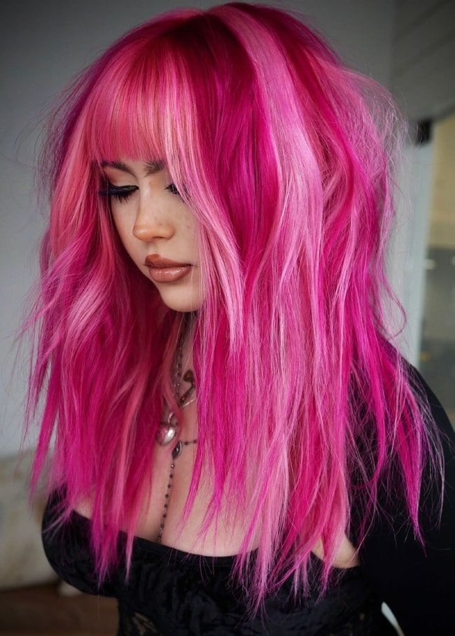 Mid-Back Shag With Hot Pink Highlights Mid-Back Shag With Hot Pink Highlights — Pink Hair Dye Inspiration