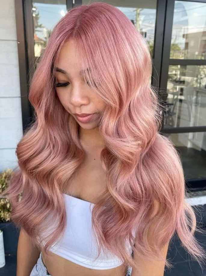 Mid-Back Rose Pink With Face-Framing Curtain Bangs Mid-Back Rose Pink With Face-Framing Curtain Bangs — Pink Hair Dye Inspiration