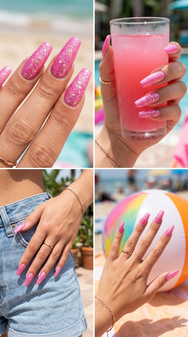 Barbie Pink Textured Glitter Stiletto Nails 2026 Bold Barbie pink textured glitter stiletto nails for festivals and parties. Pink summer nails 2026.