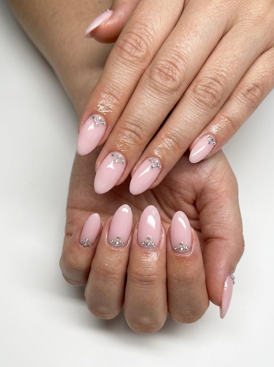 Bridal Rose Sparkle Nails 2026 Milky soft pink nails with subtle rhinestones for romantic occasions. Pink summer nails 2026.