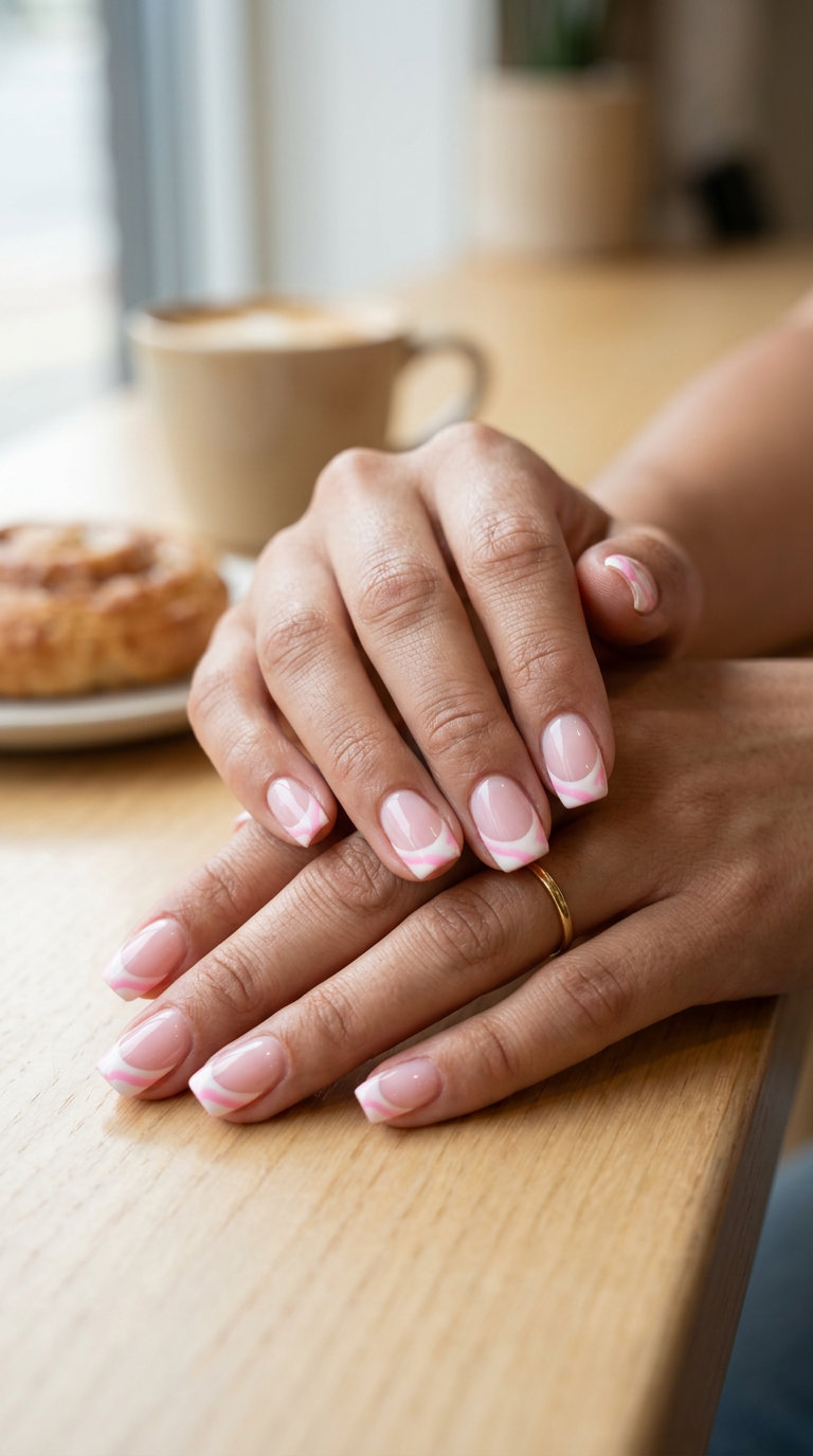 Candy Swirl French Tips 2026: Vacation & Party Style Candy Swirl French Tip nails for vacation, casual weekend, summer party. Playful pink French tips 2026.
