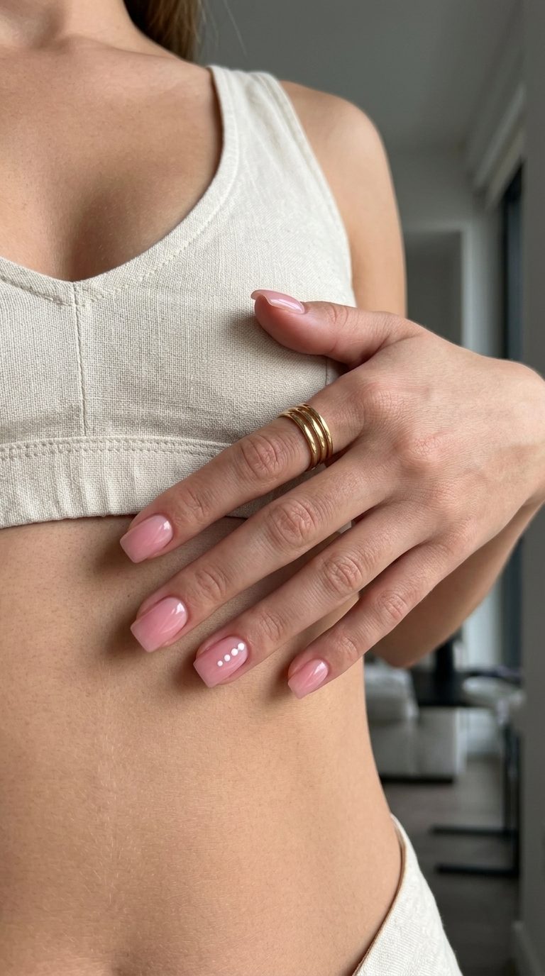 Clean Girl Pink Dots Nails 2026 Minimalist sheer pink nails with clean white dots for daily wear. Pink summer nails 2026.
