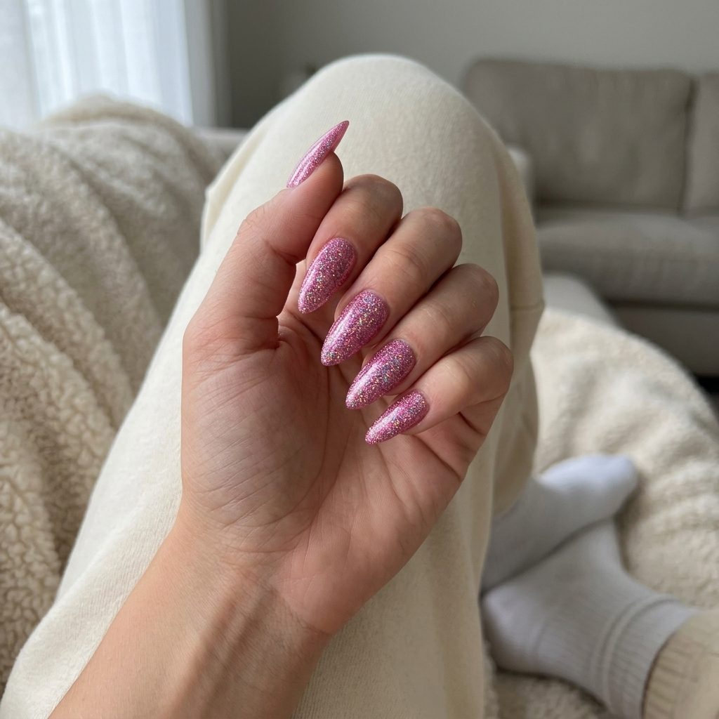 Pink Holographic Glitter Burst Nails 2026 Vibrant pink holographic glitter nails for festivals and parties. Pink summer nails 2026.