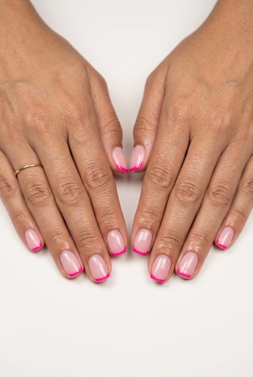 Pop Pink Reverse French Nails 2026 | Bold Statement Pop Pink Reverse French nails for parties and casual weekends. Playful edgy pink summer nails 2026.