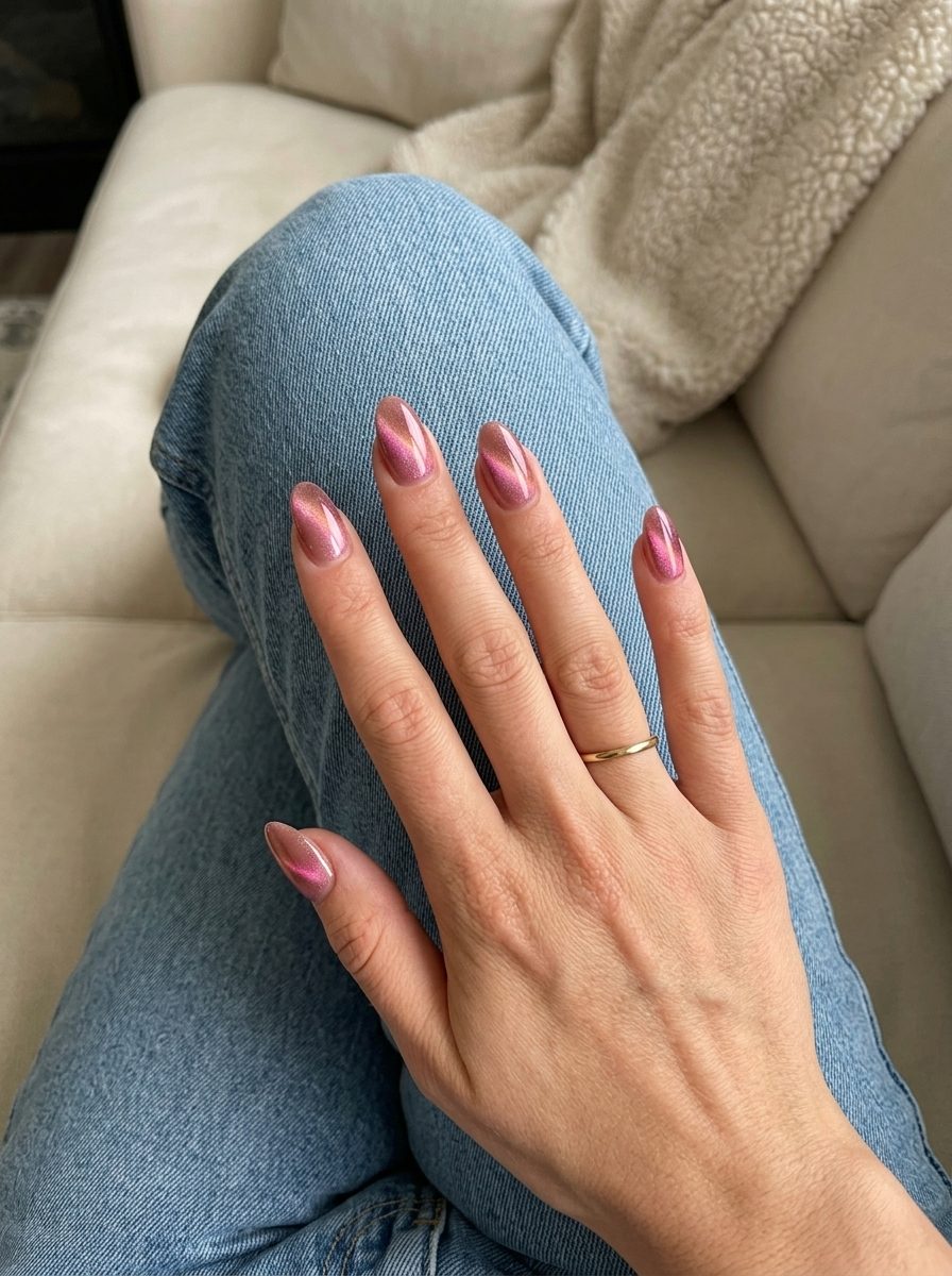 Sheer Pink Mystic Cat-Eye Nails 2026 Mysterious sheer pink cat-eye nails with magnetic shift for date nights. Pink summer nails 2026.