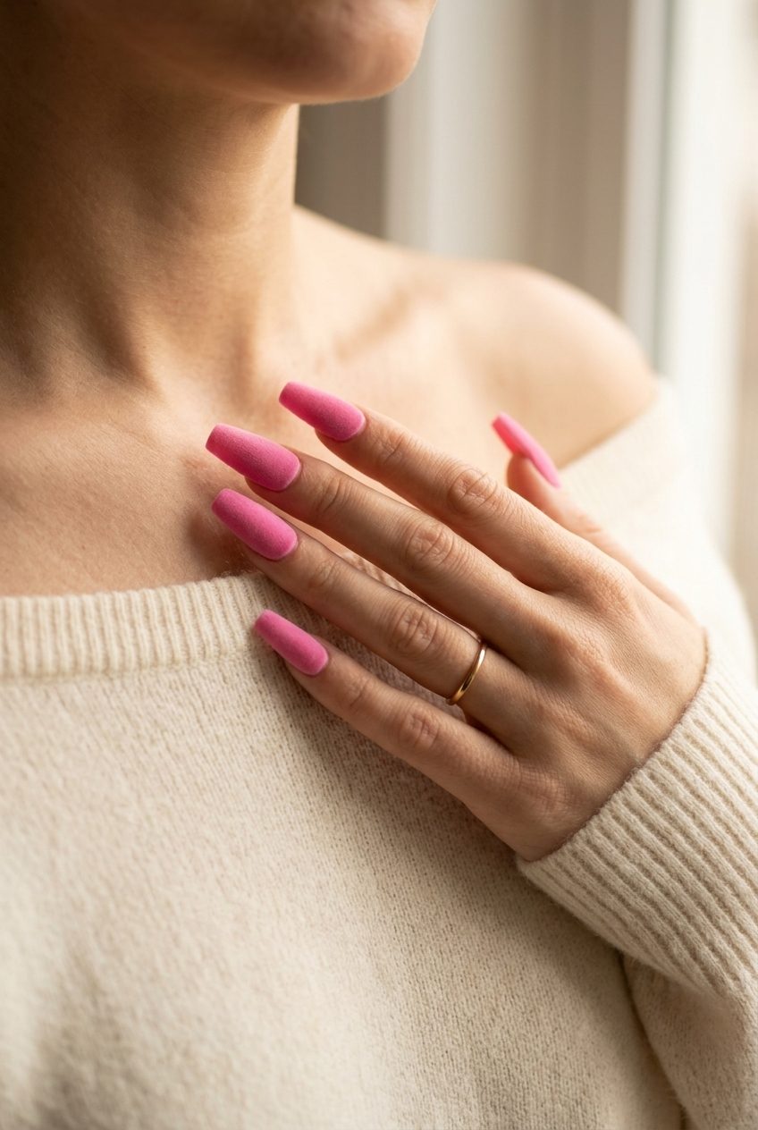 Velvet Barbie Dream Nails 2026: Glamorous Evening Style Velvet Barbie Dream nails for date night, party, glamorous event. Luxurious pink velvet nails 2026.