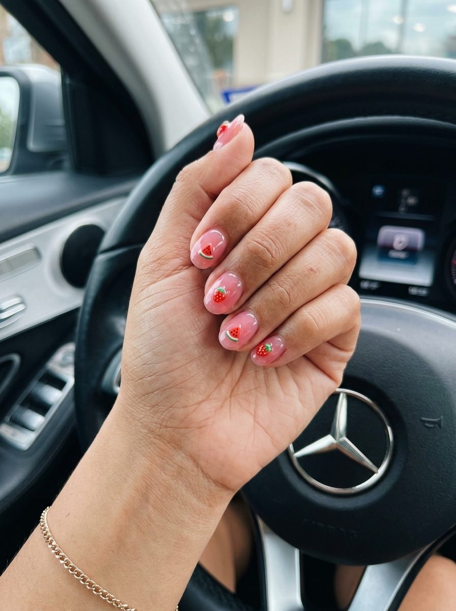 Watermelon Pink 3D Fruit Charm Nails 2026 Whimsical watermelon pink nails with 3D fruit charms for summer parties. Pink summer nails 2026.