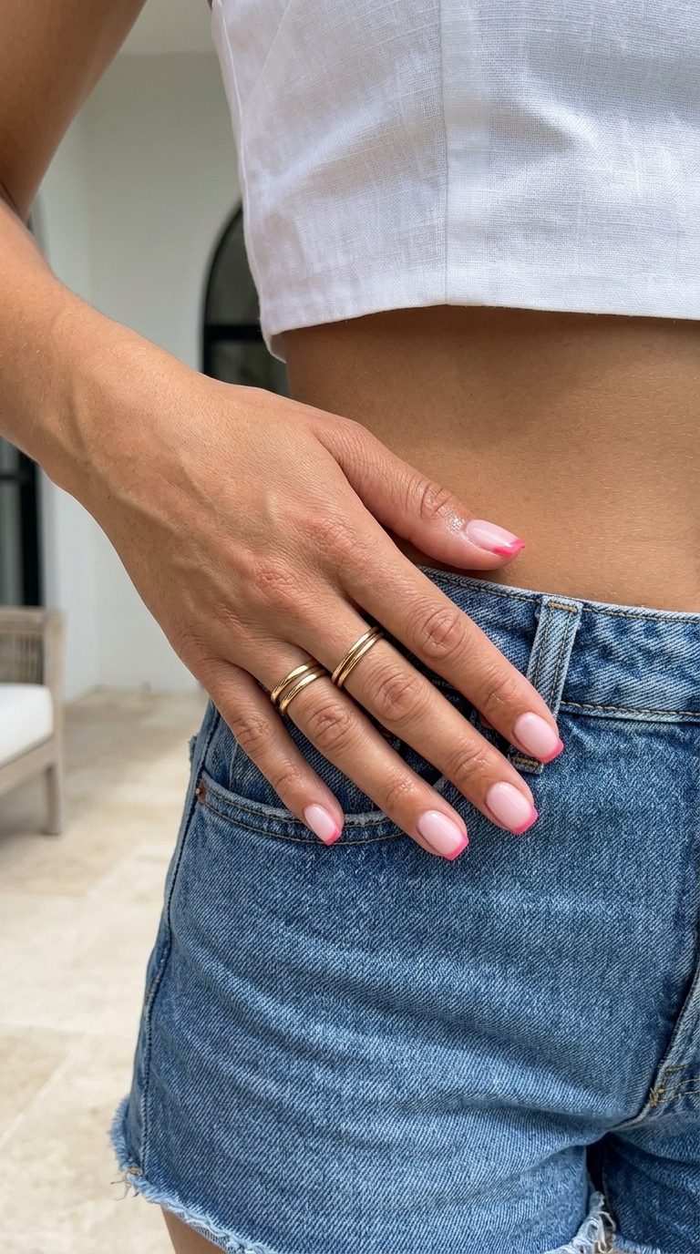 Watermelon Pink Micro French Nails 2026 Chic watermelon pink micro French tip nails for casual summer days. Pink summer nails 2026.