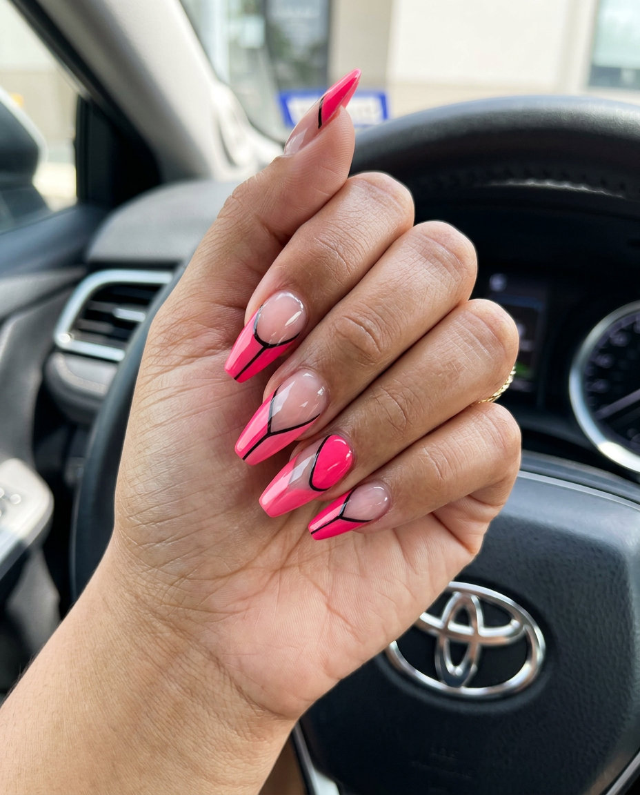 Watermelon Pink Geometric Nails 2026 | Edgy Style Watermelon Pink Negative Space Geometric nails for parties and summer events. Edgy modern pink summer nails 2026.