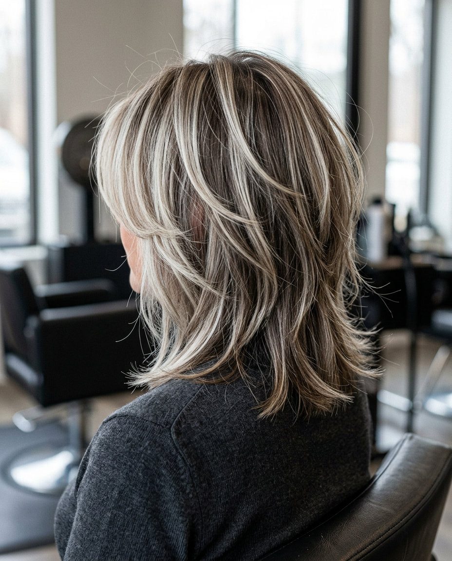 mid-length shag haircut in platinum accents on ash brunette, choppy layers and wispy bangs — bold and edgy