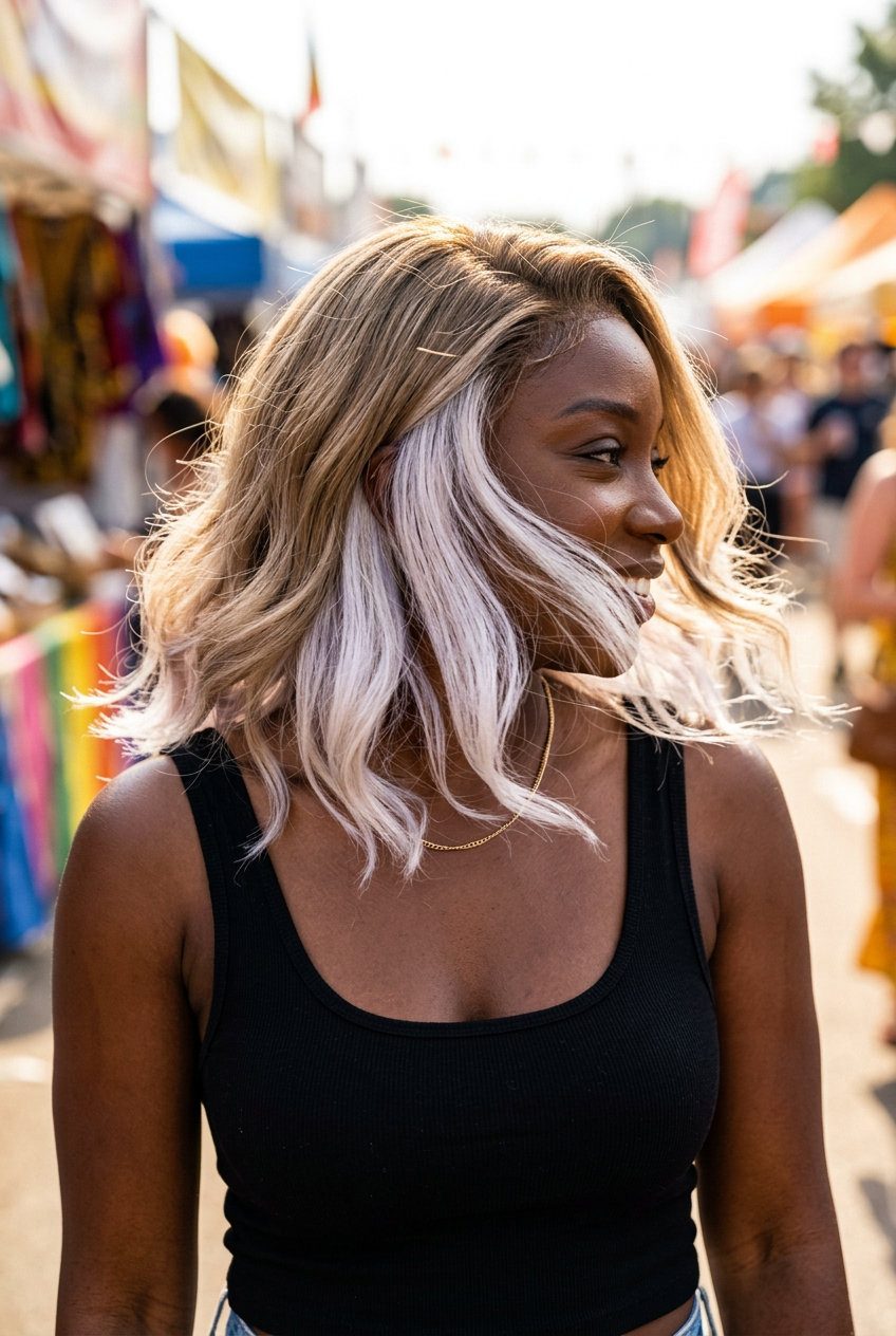 blunt cut platinum blonde underneath peekaboo with violet-ash undertones for festival