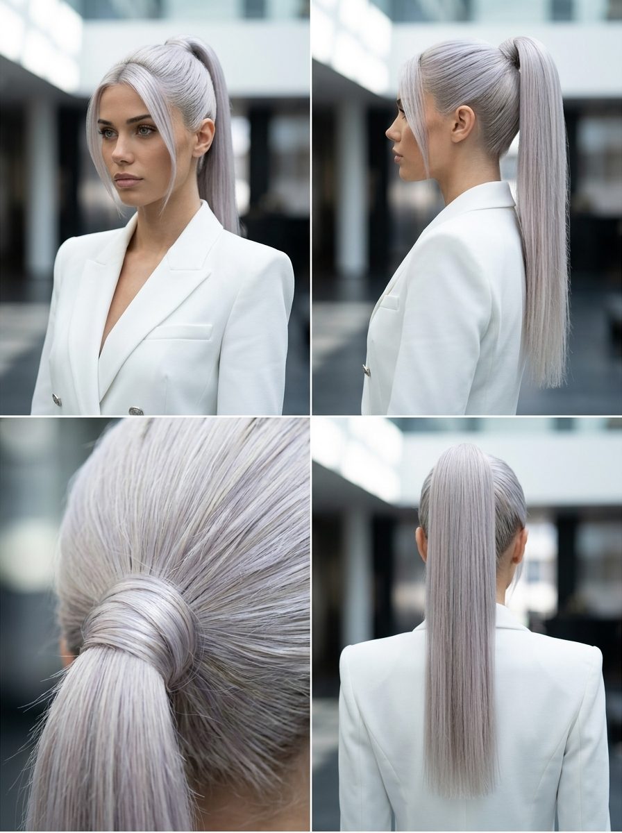 long platinum blonde ponytail with clipper-fade nape, for professional events