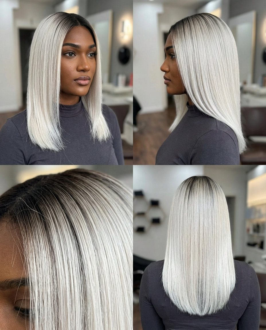 medium blunt platinum blonde hair with dark roots, dip-dye technique, no fringe — edgy summer festival style
