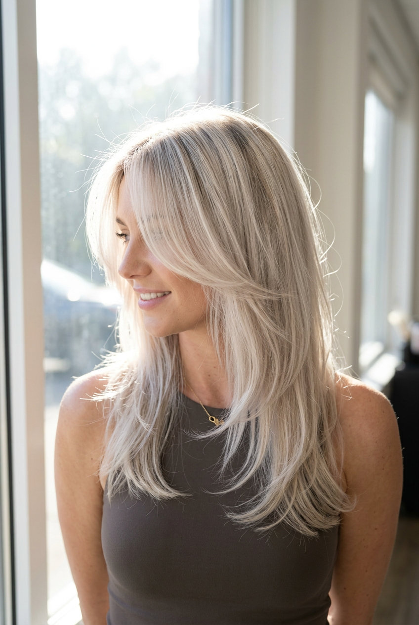 medium layered butterfly haircut in icy platinum blonde with babylights, soft ash root — playful airy