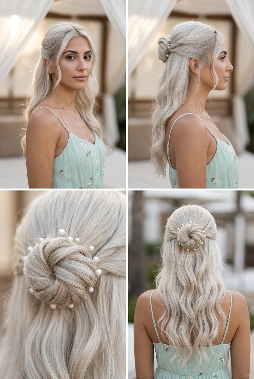 medium platinum blonde half-up bun with pearl accents, coiled bun, romantic feminine