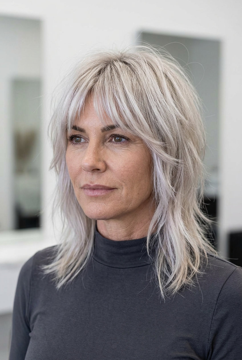 medium-length shag haircut in icy platinum blonde with dark root smudge, bottleneck bangs — bold