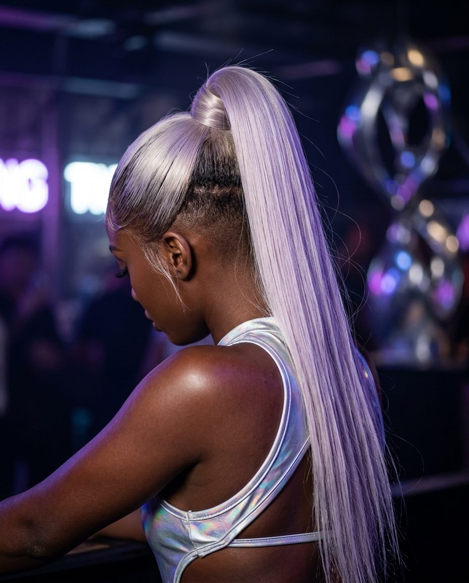 mid-back disconnected ponytail 2026 with icy platinum, violet toner, clipper fade — bold edgy
