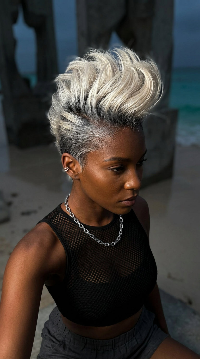 short icy platinum blonde faux hawk with charcoal root for summer 2026