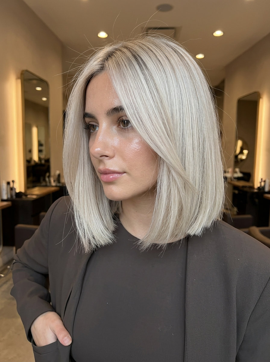 short razor-sharp bob haircut in platinum blonde with vanilla root smudge, deep side part — bold and glamorous