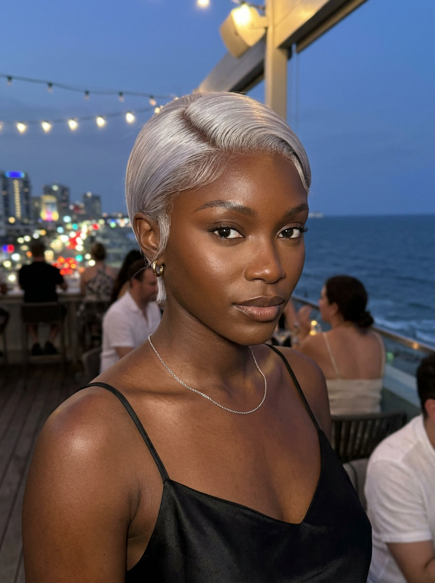 short platinum blonde pixie haircut with cool silver, glass-finish sleek, deep side part — edgy, sophisticated