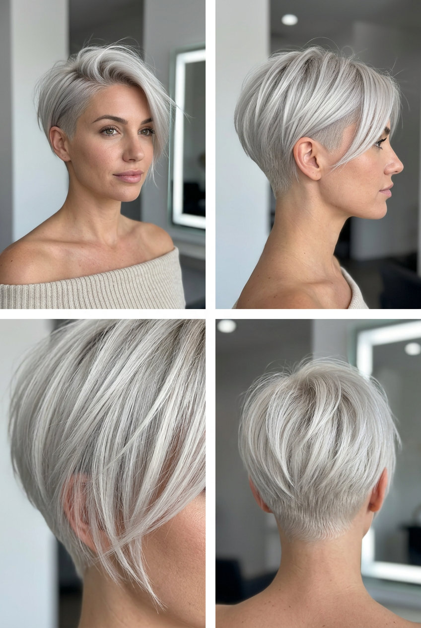 very short pixie haircut with icy platinum blonde, silver undertones, longer textured top, sharply shaved sides — edgy rebellious look