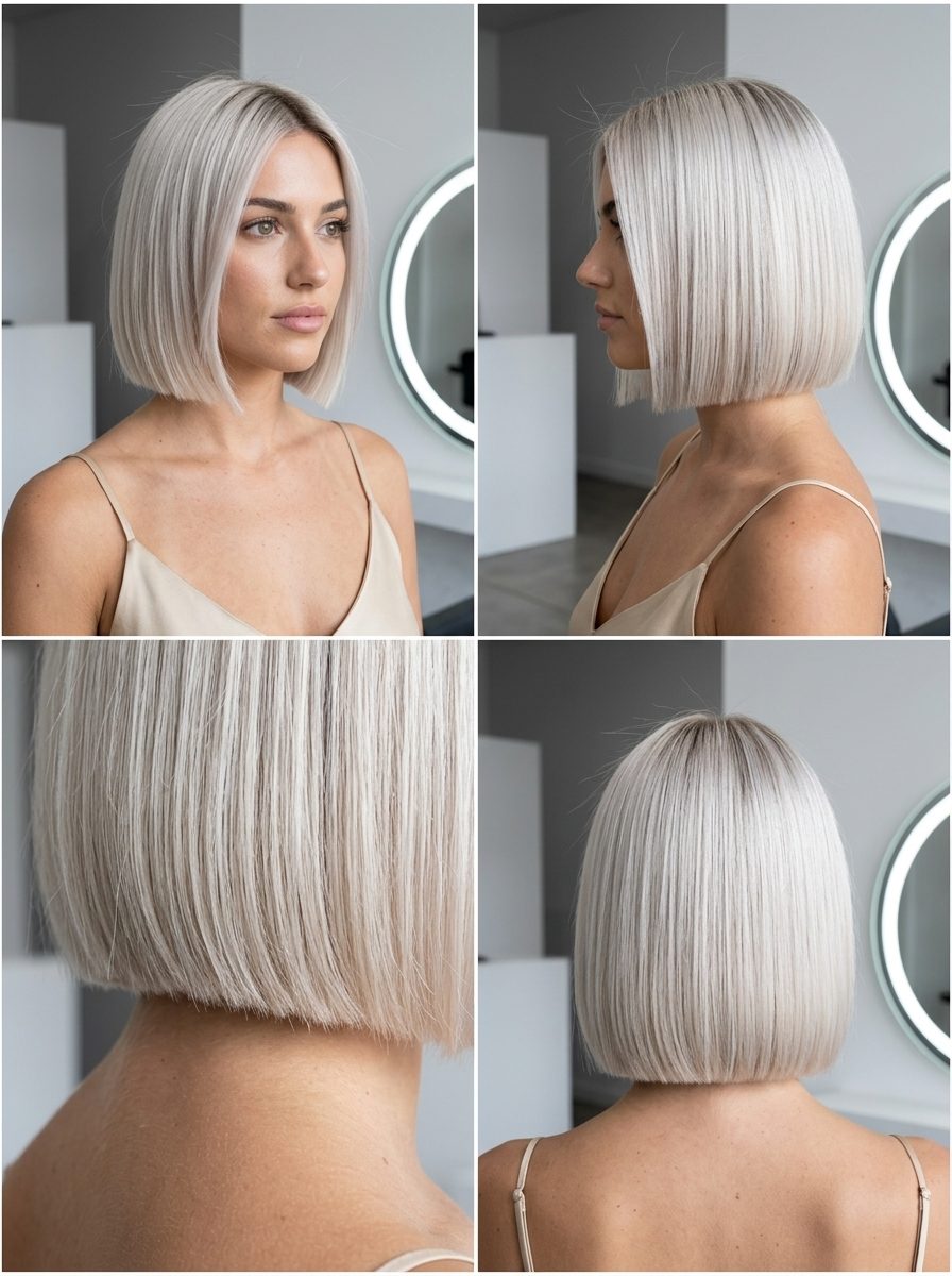 chin-length micro-bob haircut in icy platinum blonde with pearl tones, blunt perimeter, clean nape — minimalist chic
