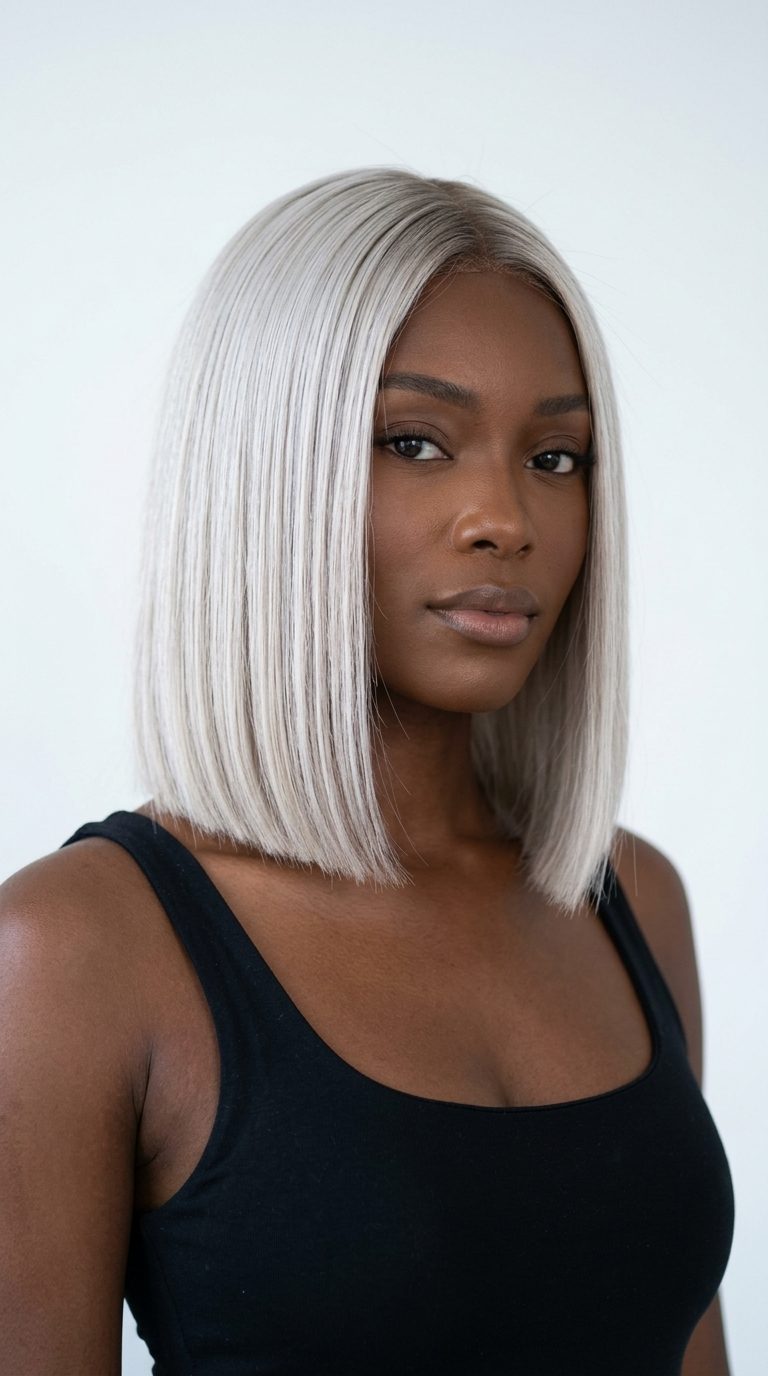 Sculpted Platinum Bob 2026: Avant-Garde Summer Look medium blunt bob with icy platinum blonde color, no layers, no fringe — bold & avant-garde